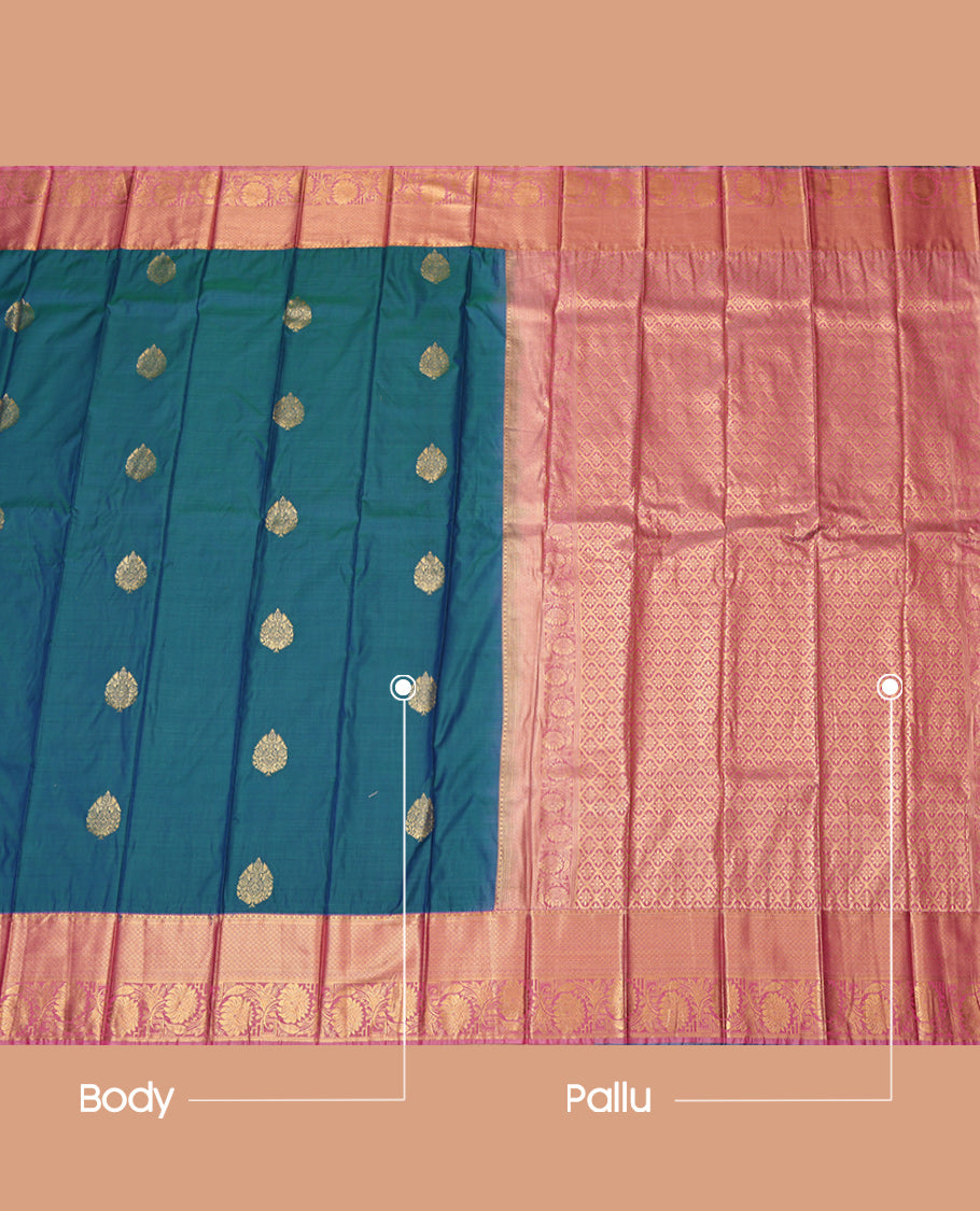 Blue Budget Silk Saree, Meticulously Woven with Buttas, a Contrast Traditional Zari Border, Jaal Pallu, and a Contrast Blouse