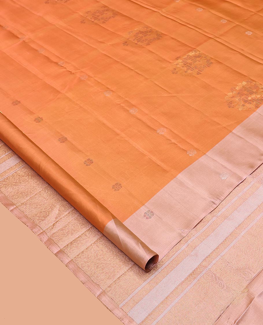 Orange Mayuri Lite Silk Mix Saree, Gleamed Up with Zari Buttas on Its Body, Complemented by a Contrast Border, Pallu of Intricate Designs, and Paired with a Contrast Blouse