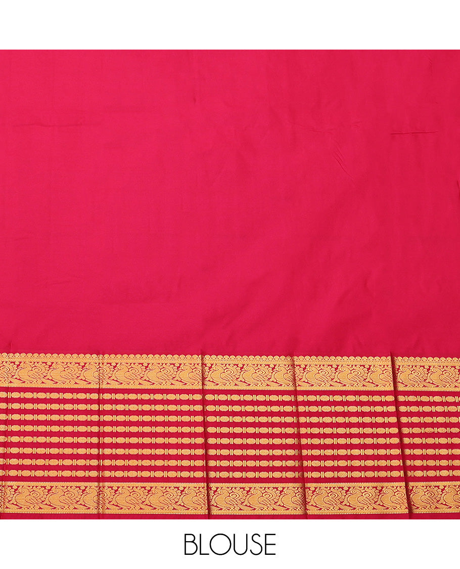 Deep Green Budget Silk Saree, Enlivened with Zari Buttas All Over Its Body, Complemented by a Contrast Traditional Zari Design Border of Rudraksham Designs, Grand Pallu, and Paired with a Contrast Blouse