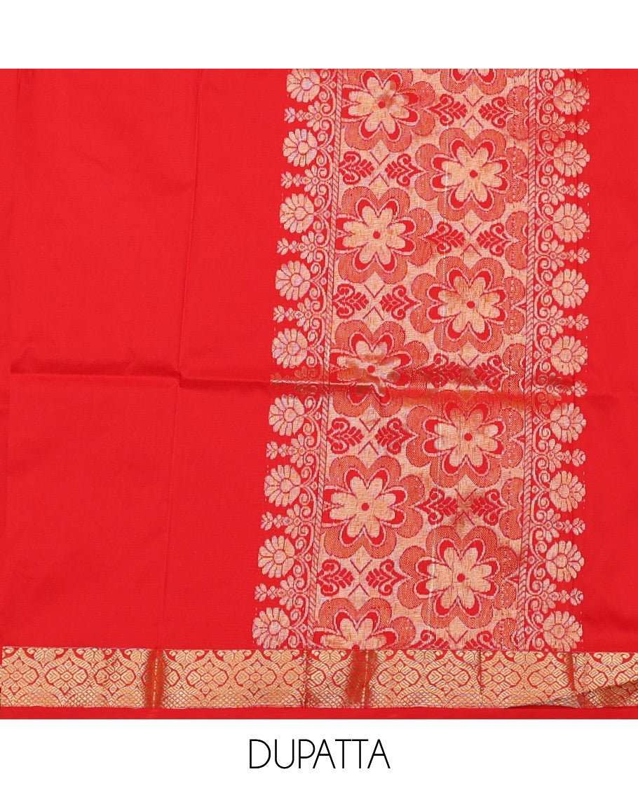 Green Art Silk Material Half-Saree Set, Features Floral Jacquard Design Skirt, Complemented by Captivating Contrast Traditional Zari Designs Woven Border, Paired with a Contrast Blouse and a Intricate Dhavani