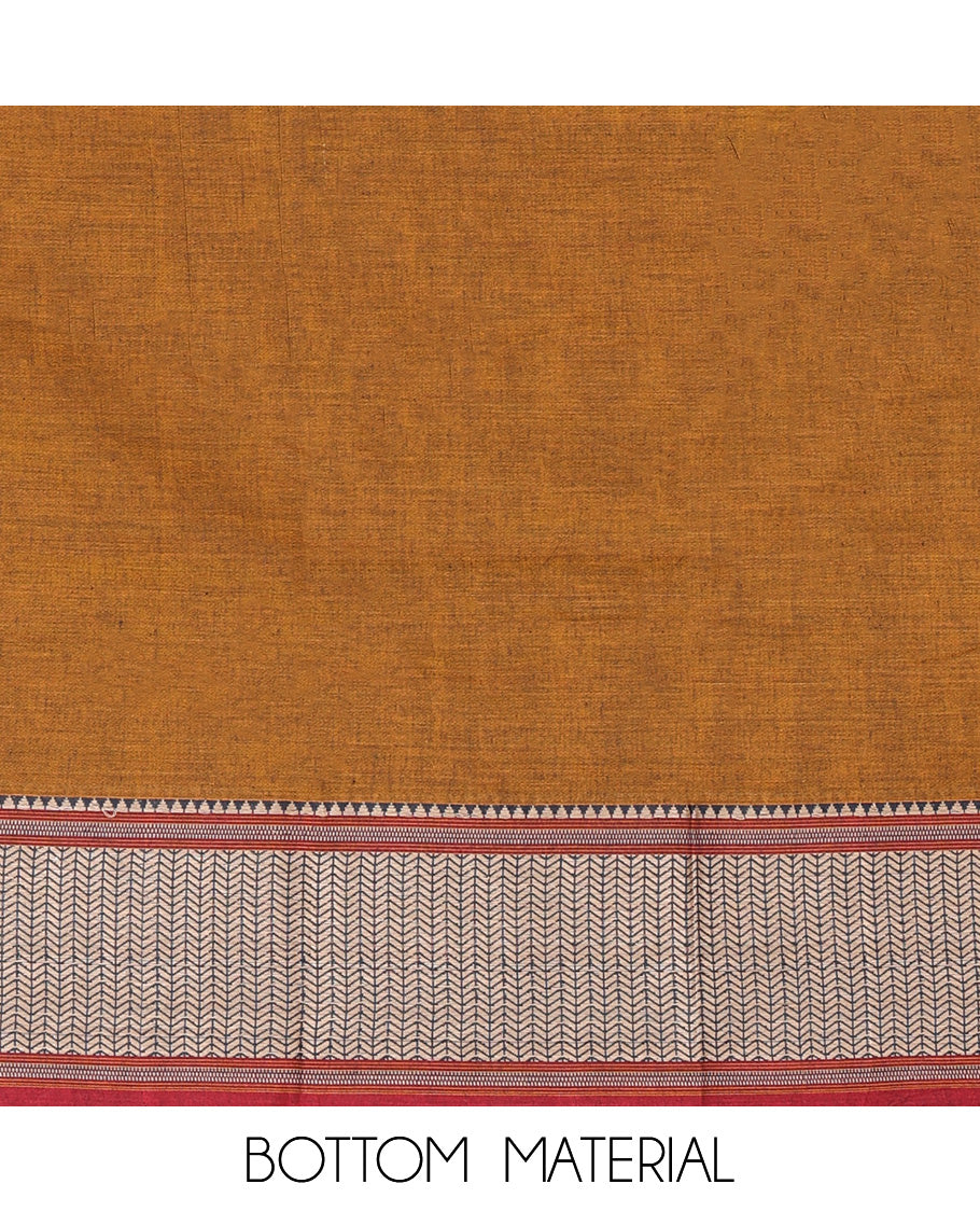 Mustard Mercerised Cotton Material Churidar Features Plain Top, Contrast Traditional Thread Border, Plain Bottom, Matching Dupatta
