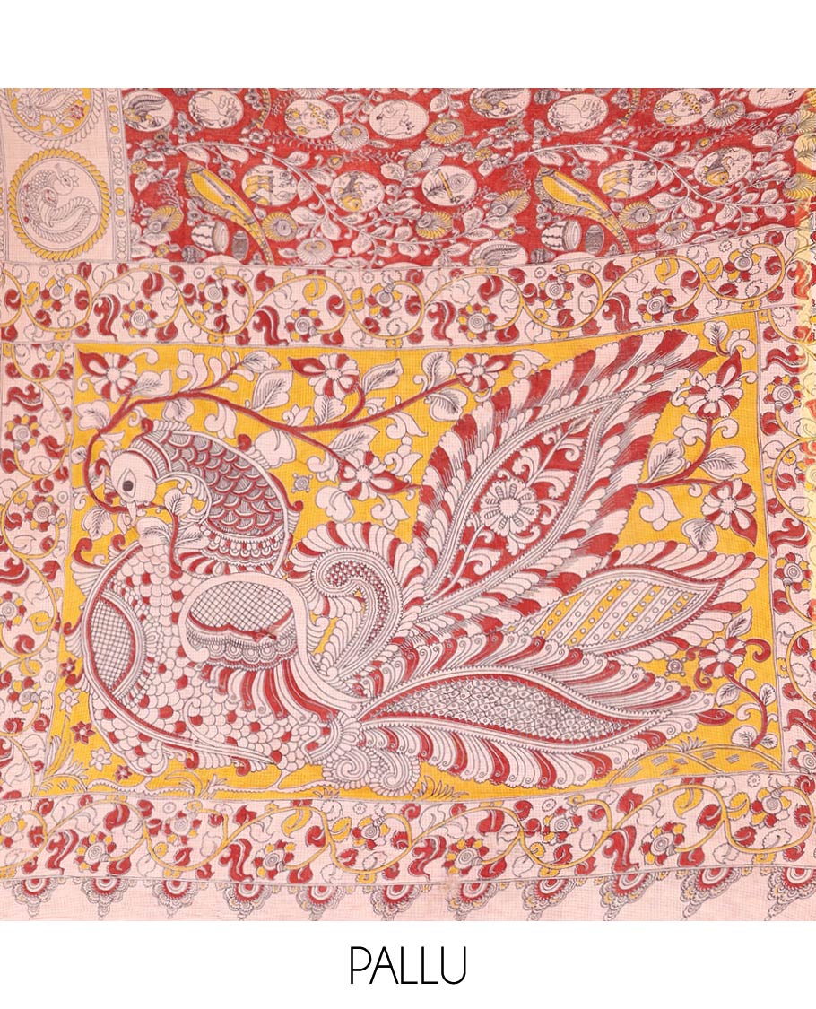Red Machine-Printed Kalamkari Cotton Saree Features Instrument, Floral, and Fauna Motifs, a Contrast  Border, Pallu of Peacock, and a Matching Blouse