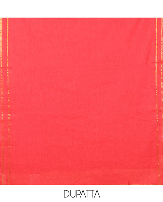 Red Handloom Material Chudidar, Peacock-Chakram Motifs-Threaded Top, a Contrast Plain Bottom, and a Contrast Dupatta