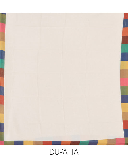 Cream Semi-Silk Material Churidar, Adorned with Multi-Color Checked Top, a Plain Bottom, a Checked Bordered Plain Dupatta