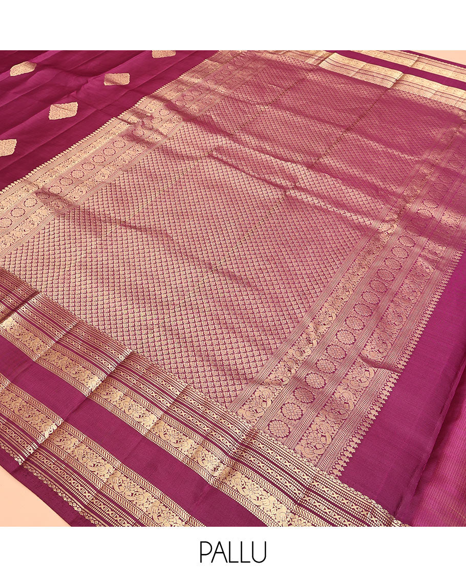 Wine Vasundhara Silk Saree, Woven with Zari Buttas, Highlighted by a Traditional Zari Design Woven Border, Intricate Pallu, and a Matching Blouse