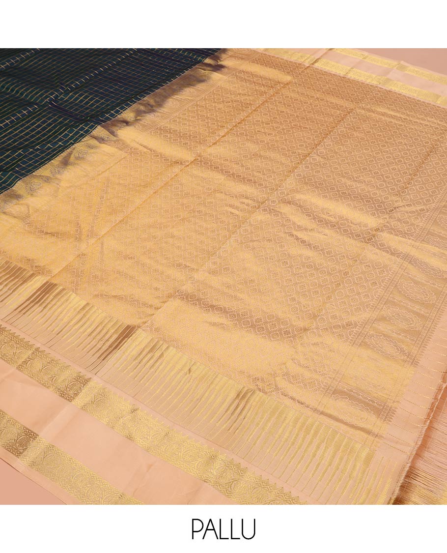 Blue Vasundhara Silk Saree, Impeccably Styled with Muthu Checks and Manga Buttas All Over Its Body, Complemented by a Contrast Rettai Pettu Border of Rekku, and Kodi Visiry Designs, Grand Pallu, and Paired with a Contrast Blouse