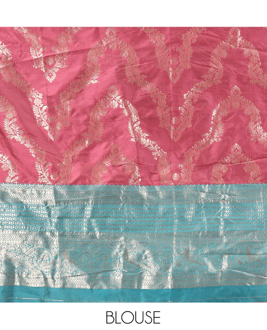 Red Banarasi Half-Saree, Decked Up with Jacquard Design, a Contrast Traditional Zari Border, a Matching Blouse, and a Contrast Embroidered Dhavani