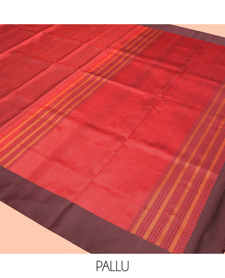 Maroon Mayuri Soft Silk Saree, Sparsely Sparked with Stripes, Complemented by Contrast Border, Pallu of Vanki Designs, and Paired with a Matching Blouse