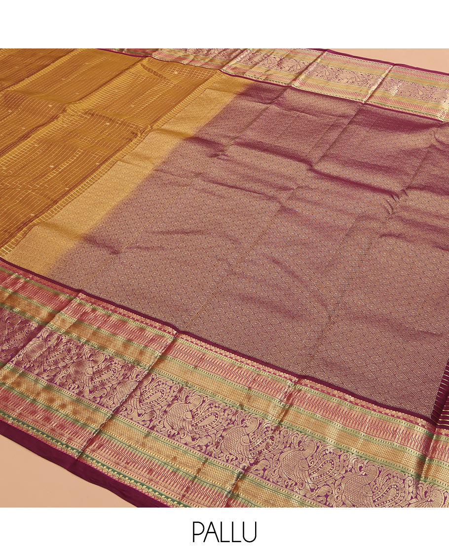 Mustard Zari Design Vasundhara Lite Silk Mix Saree, a Contrast Border of Rekku, Muthu, Kuyil Kann, and Mayil Designs, Grand Pallu, and a Contrast Blouse