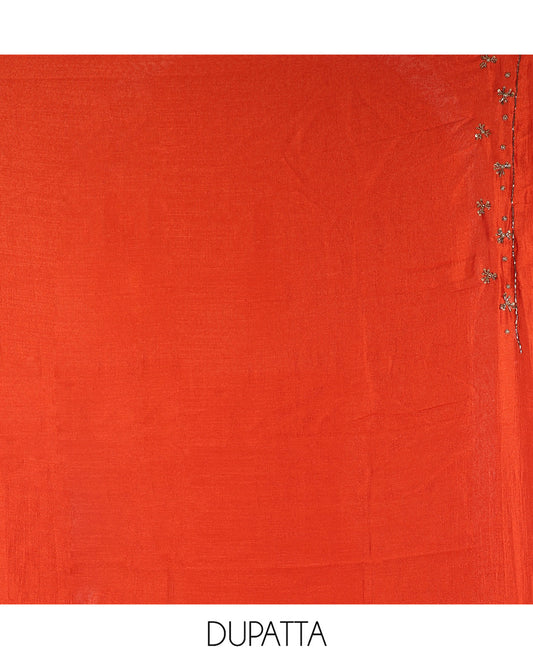 Rust Vichitra Silk Material Chudidar Set Features a Bead-Sequin Embroidered Top, a Santoon Bottom, and an Embroidered Dupatta
