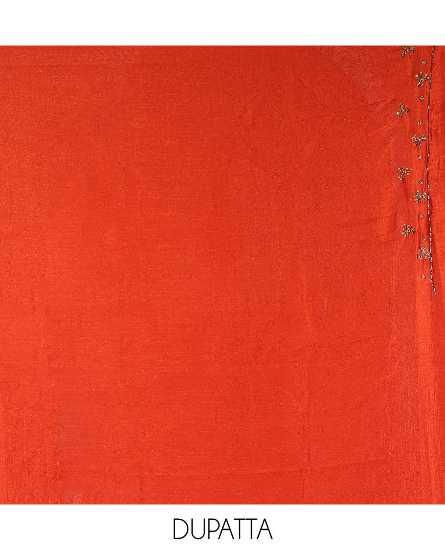 Rust Vichitra Silk Material Chudidar Set Features a Bead-Sequin Embroidered Top, a Santoon Bottom, and an Embroidered Dupatta