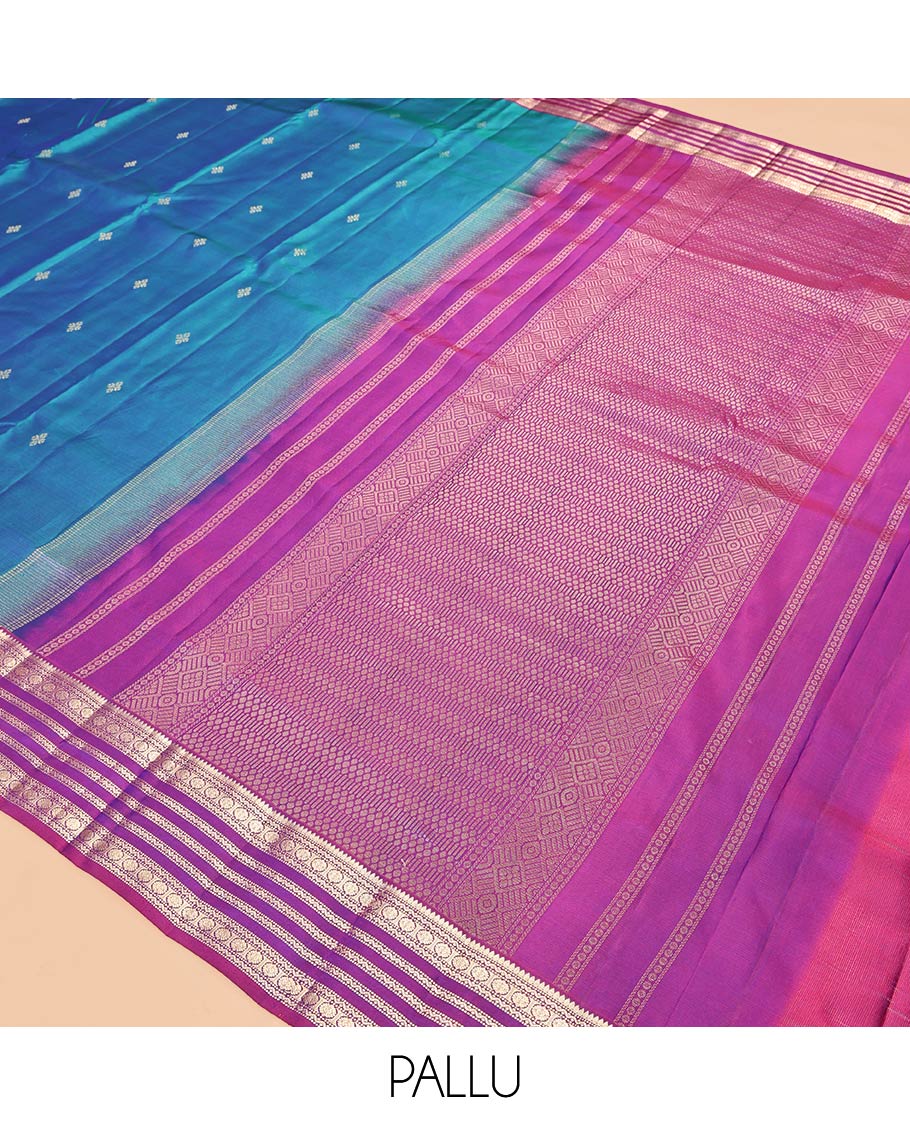 Blue Vasundhara Silk Saree, Enthralled with Zari Buttas, Complemented by a Contrast Border of Rekku, Muthu, Neli, and Chakram Designs, Grand Pallu, and a Contrast Blouse