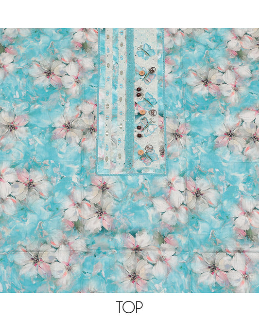 Chikku-Blue Cotton Material Churidar Set Features Floral Print and Neck Patch Top, Contrast Bottom, and Print-Embroidered Dupatta