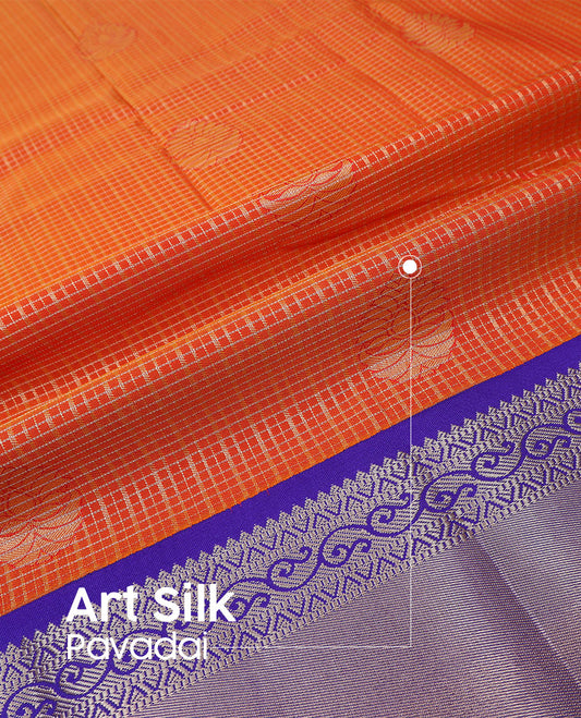 Orange art-silk pavadai material set, micro-zari checked & zari buttas woven pavadai with contrast blouse & traditional zari design border