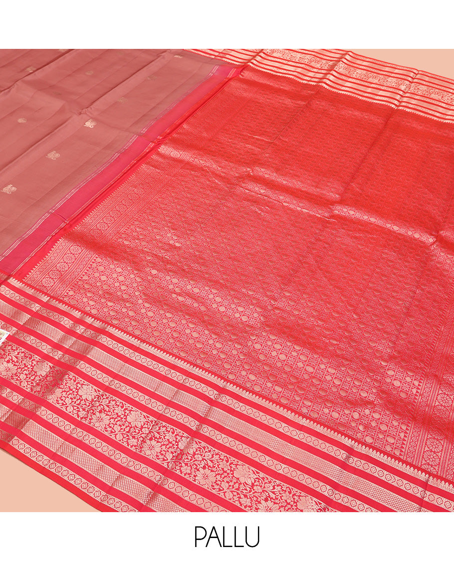 Pale Brown Vasundhara Silk Saree, Adorned with Zari Buttas All Over Its Body Complemented by Contrast Border of Kodi Visiry Designs Pallu of Butta Enclosed Checks, and Paired with a Contrast Blouse
