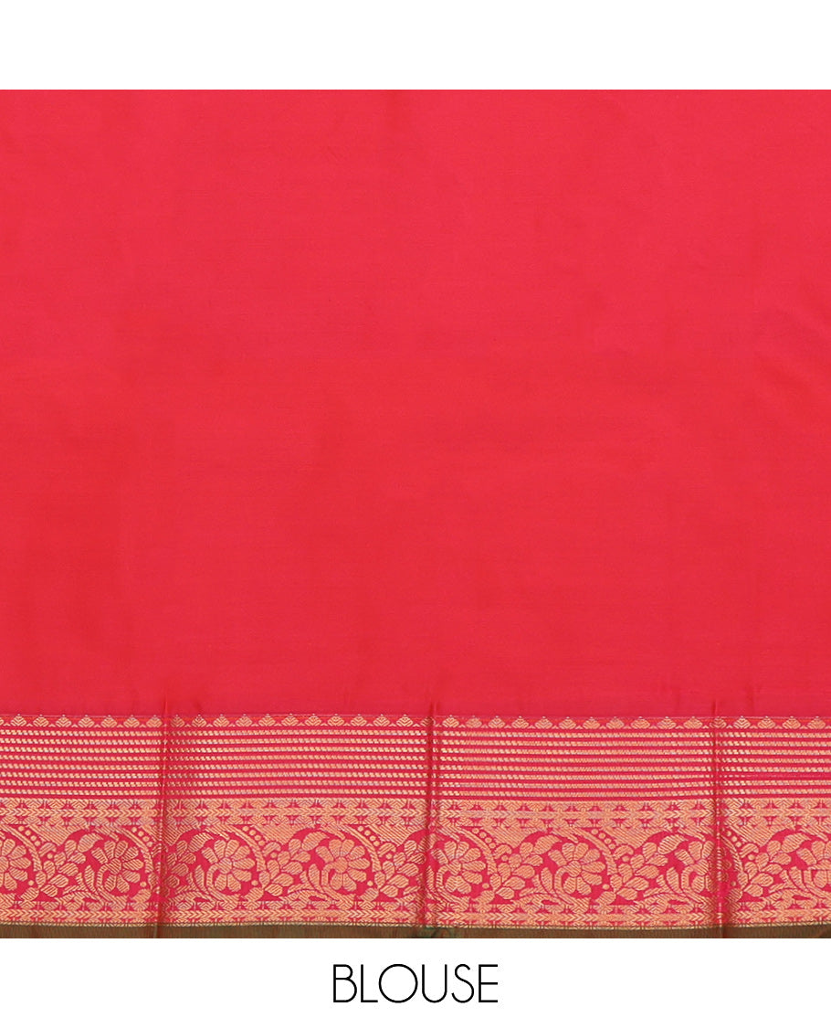 Green Budget Silk Saree, Enriched with Peacock-Chakram Buttas, a Contrast Traditional Zari Border, Jaal Pallu, and a Contrast Blouse