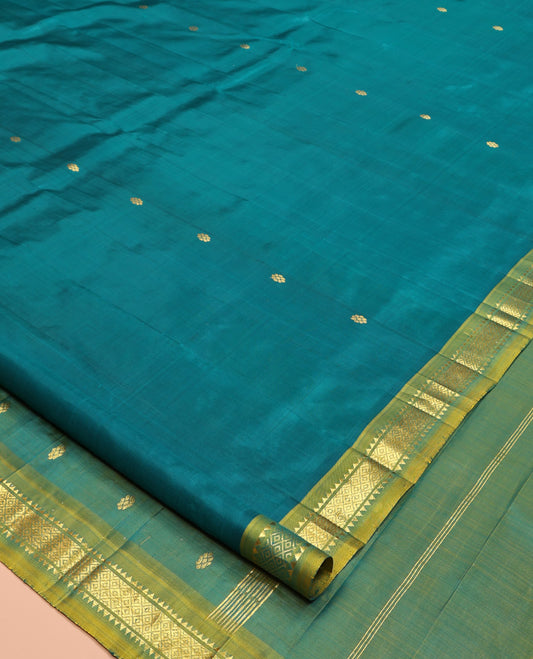Green Kanchipuram Silk Saree, Woven with Zari Buttas, Contrast One-Sided Korvai Border of Rekku and Mayil Kann Designs, Zari Design Pallu, and No Blouse
