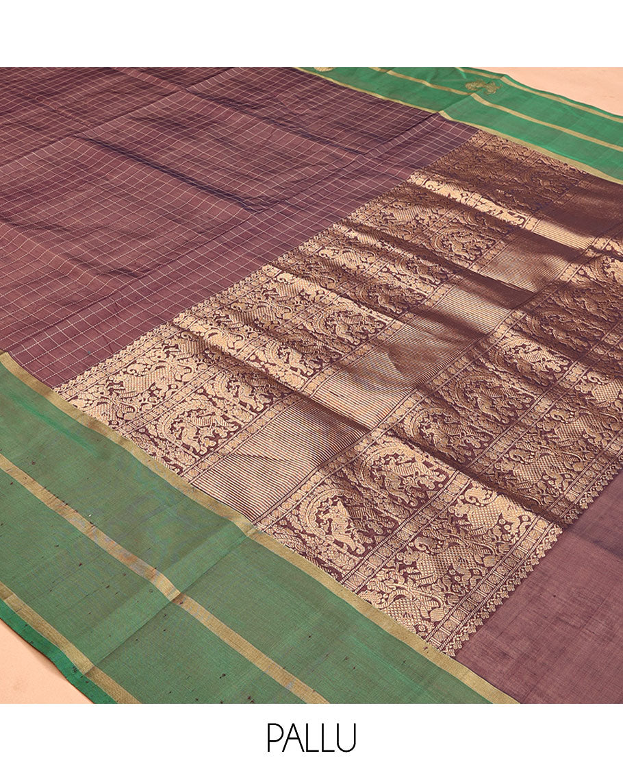 Purple Checked Kuppadam Silk Saree, a Contrast Traditional Zari Border, Grand Pallu, a Matching Blouse