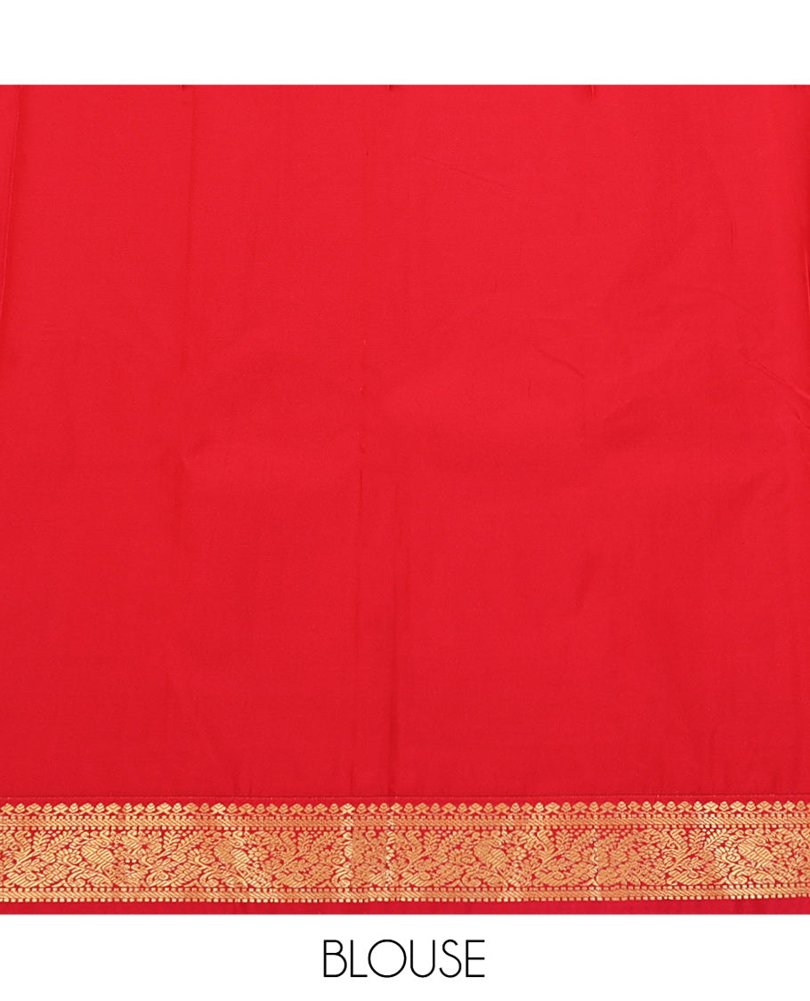 Green Budget Silk Saree, Enriched with Peacock Zari Buttas and Stripes on Its Body, Complemented by a Contrast Traditional Zari Rettai Pettu Border, Grand Jaal Pallu, and Paired with a Contrast Blouse