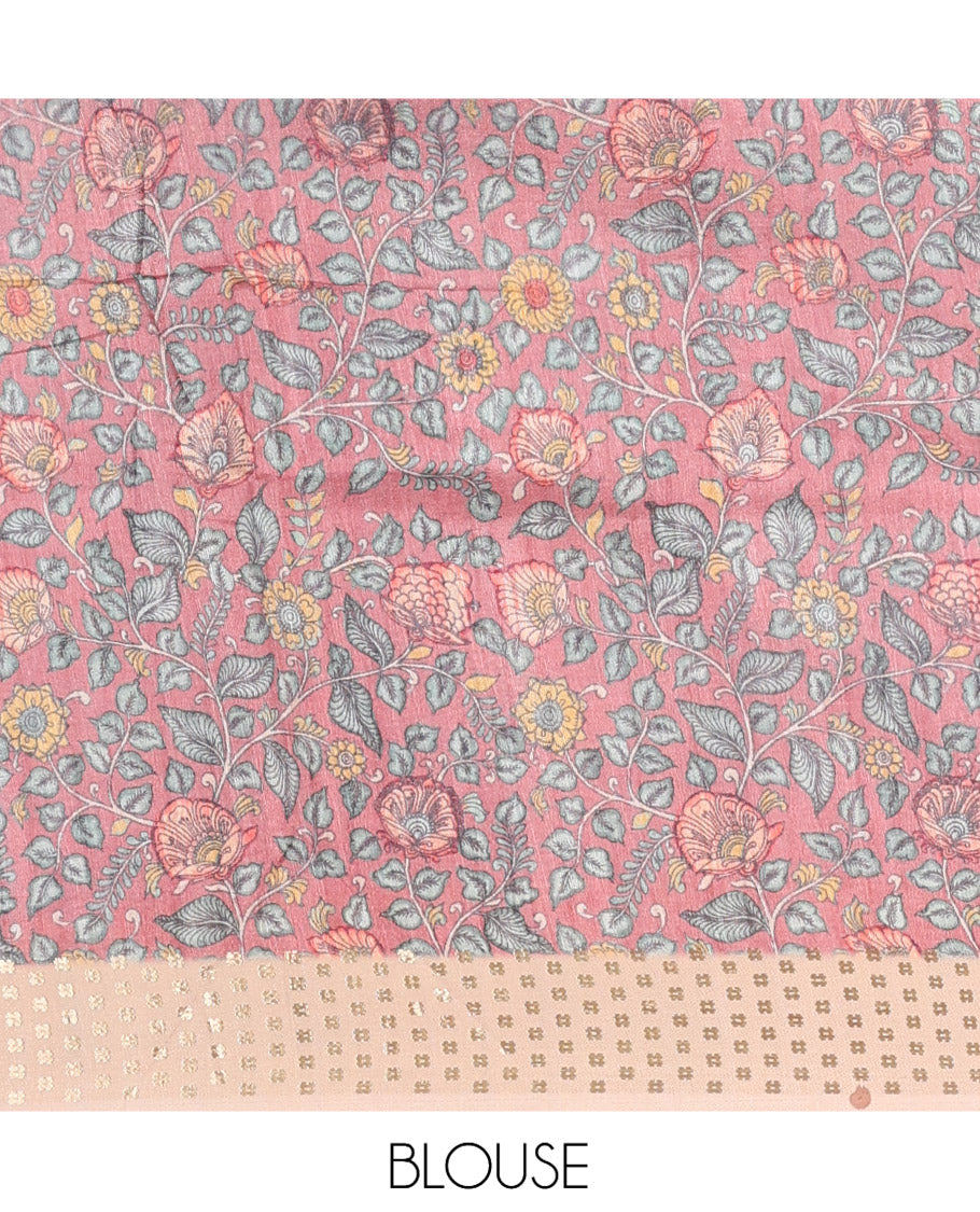 PInk Plain Fancy Tussar Silk Saree, Contrast Triangle Motif Border, Pallu of Kalamkari Animal Motifs, and Contrast Kalamkari Printed Blouse