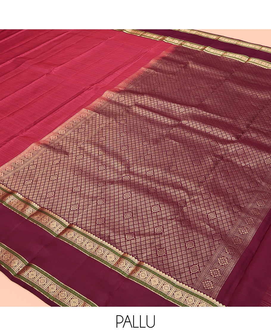 Red Striped Kanchipuram Silk Saree, Complemented by Contrast Rettai Pettu Border, Pallu of Intricate Designs, and a Contrast Blouse