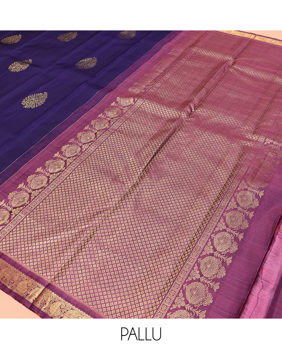 Blue Kanchipuram Silk Saree, Elevated with Zari Buttas All Over Its Body, Complemented by a Contrast Border of Rekku, Muthu, Manga, and Yaanai Designs, Grand Jaal Pallu, and Paired with a Contrast Blouse