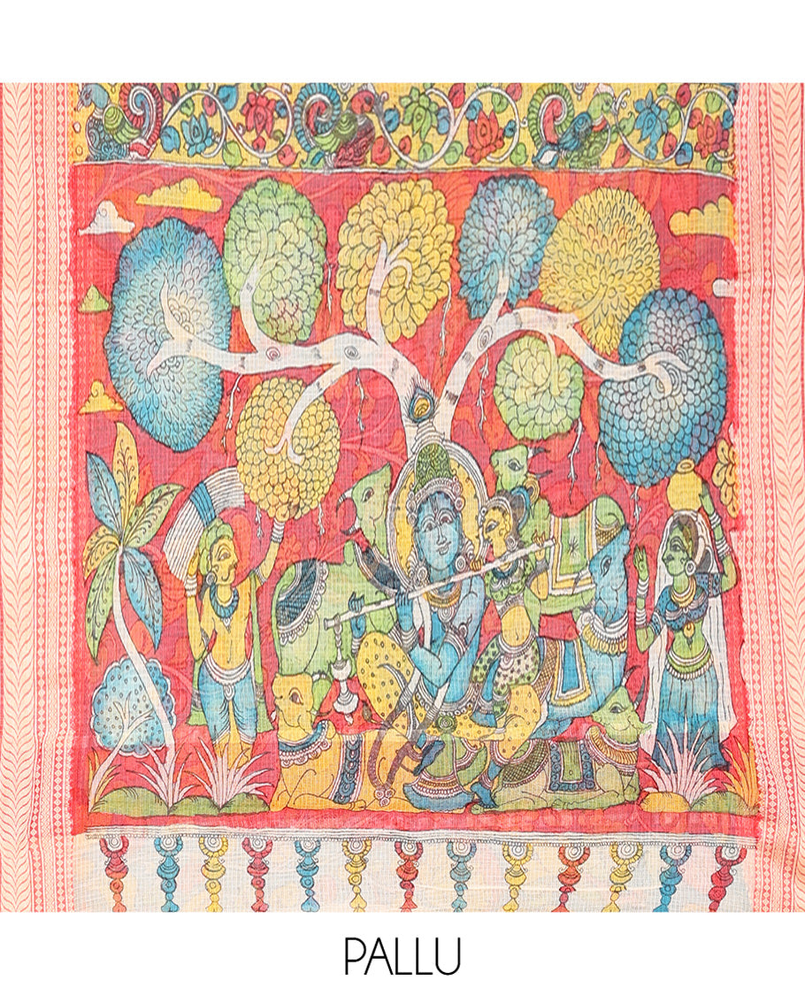 Blue Kalamkari Silk Saree, Bedecked with Floral Vine Print, a Contrast Traditional Border, Pallu of Radha Krishna and Gopis, and a Contrast Blouse