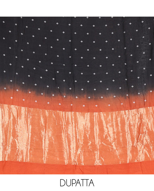 Orange and Black Semi-Silk Material Churidar Set, Adorned with Bandhani Dots Print, Comes with a Plain Santoon Bottom, and Paired with a Double-Colored Dupatta of Bandhani Dots Print