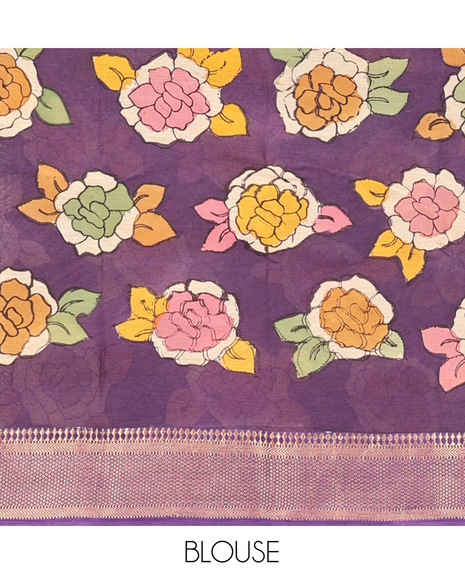 Orange Kalamkari Printed Semi-Banarasi Tussar Saree, Mesmerized with Flora-Fauna Motifs, Contrast Traditional Border, God Motifs Printed Pallu, and a Contrast Blouse