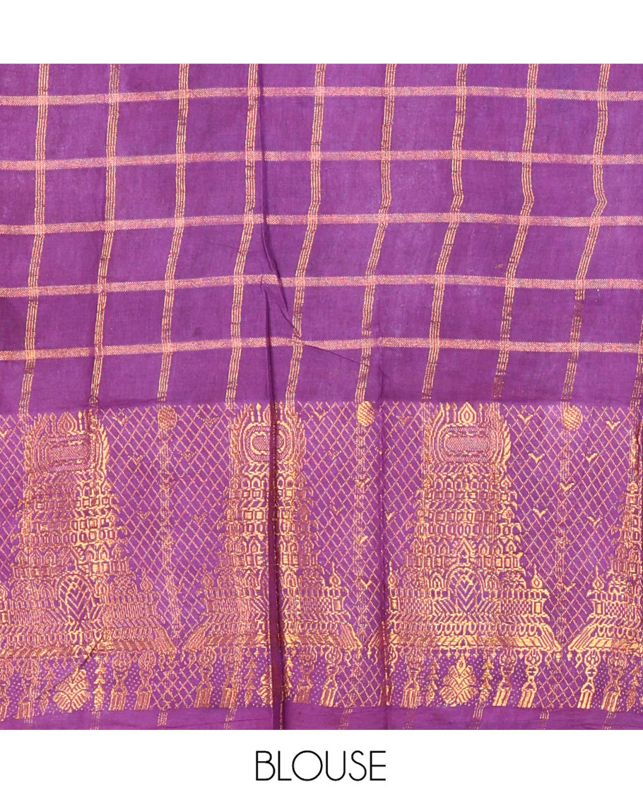 Navy Blue-Purple Sungudi Cotton Half-Saree Features Checked Skirt, Contrast Gopuram Border, Contrast Blouse, and Zari-Bordered Syska Georgette Dhavani