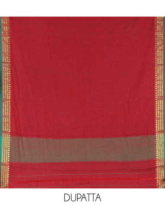 Maroon Mercerised Cotton Chudidar Set with Rudraksham Temple Border Top, Matching Cotton Bottom, and Coordinated Dupatta with Elegant Rudraksham Temple Border