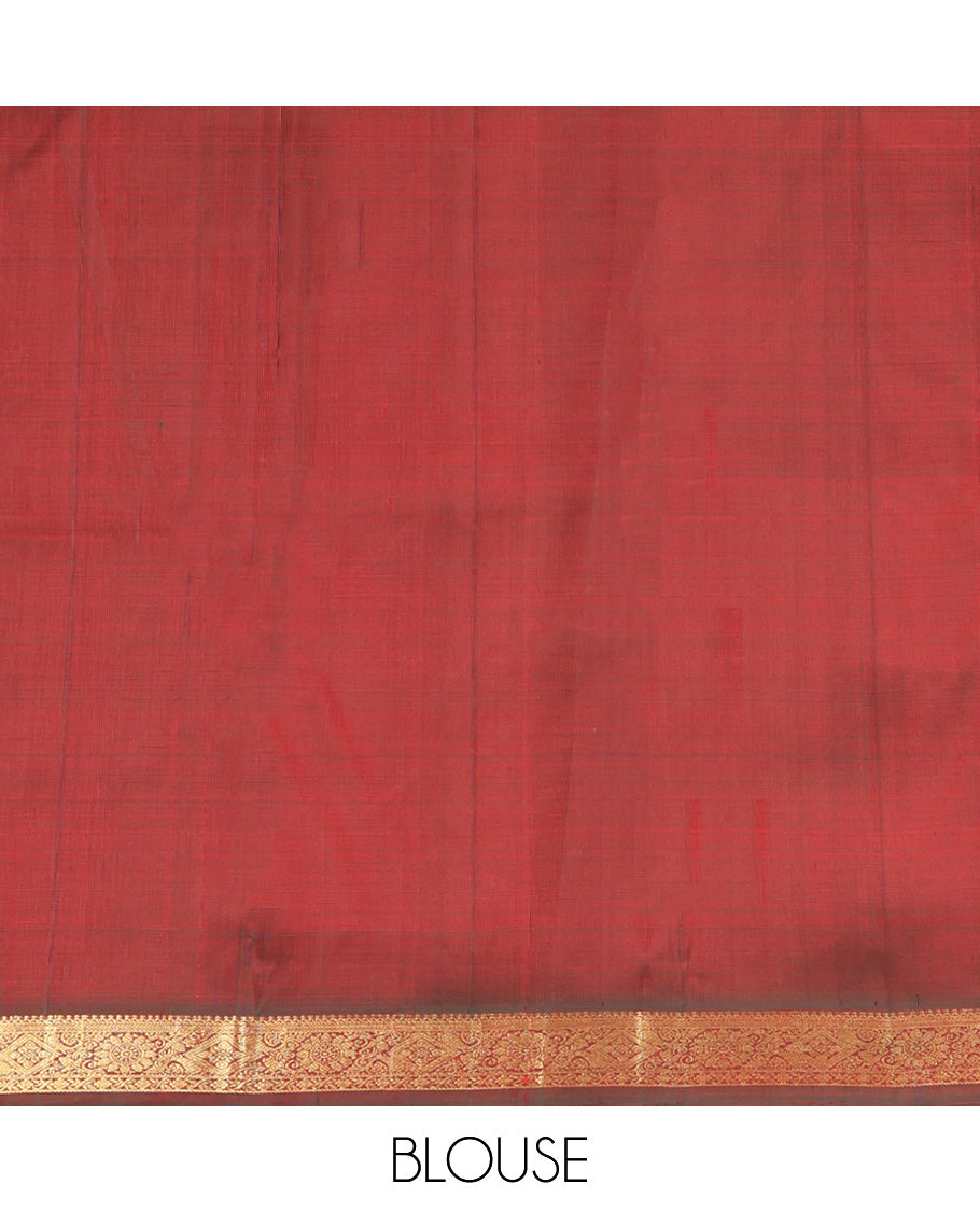 Pink Kanchipuram Silk Saree, Elevated with Manga Buttas All Over Its Body, Complemented by Contrast Border of Salngai, Diamond, and Manga Designs, Pallu of Jaal Design, and Paired with a Contrast Blouse