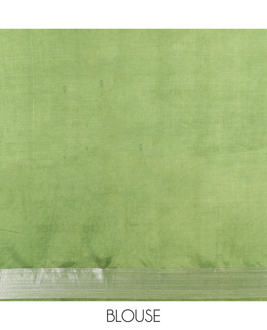 Green Banana Pith Saree, Adorned with Buttas, a Zari Border, Striped Pallu, and Matching Blouse