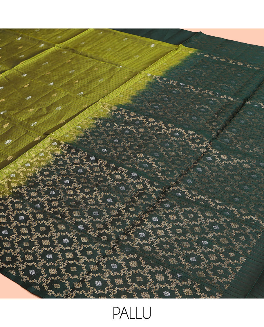 Green Mayuri Soft Silk Saree, Embellished with Buttas and Stripes, Complemented by a Contrast Jaal Border, Pallu of Jaal Designs, and a Contrast Blouse