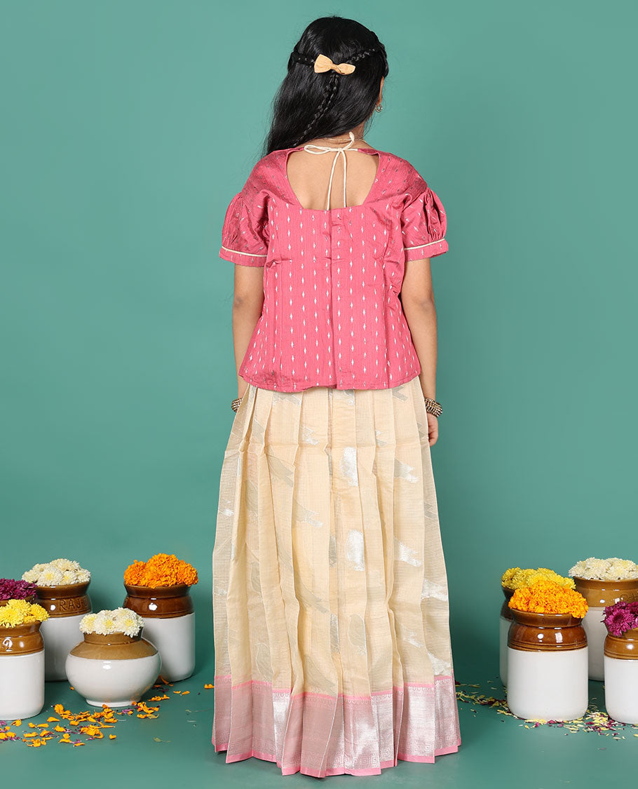 Sandal readymade art silk pavadai, sparrow buttas & contrast traditional border skirt, & contrast buttas round neck puff-sleeve blouse