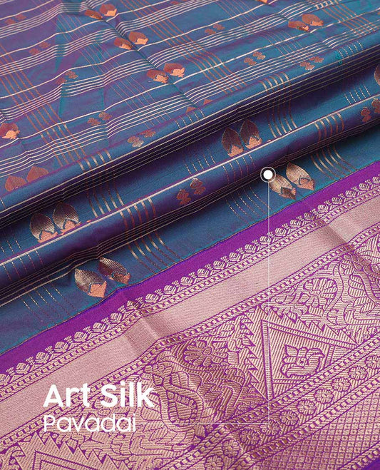 Blue checked, floral design art silk pavadai material with contrast zari design border & zari design blouse