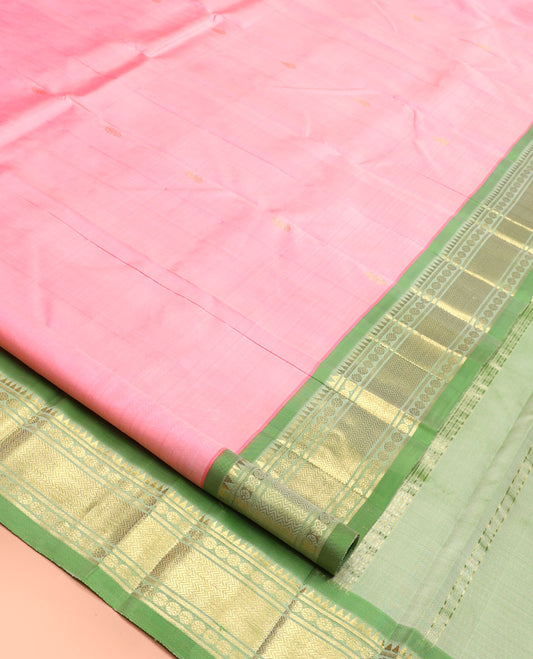 Pink Kanchipuram Silk Saree Featuring Zari Buttas, Contrast Border of Rekku, Banaras, Poun and Vanki, Pallu of Zari Design, and No Blouse