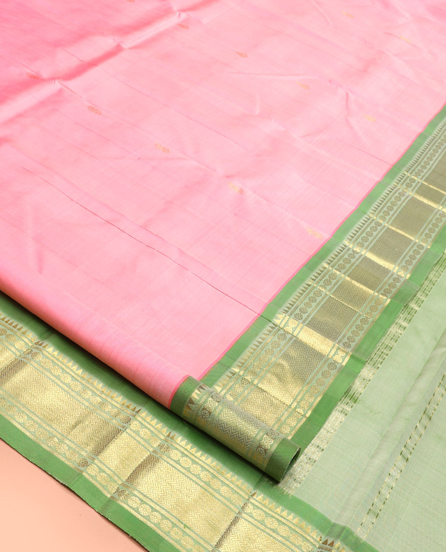 Pink Kanchipuram Silk Saree Featuring Zari Buttas, Contrast Border of Rekku, Banaras, Poun and Vanki, Pallu of Zari Design, and No Blouse