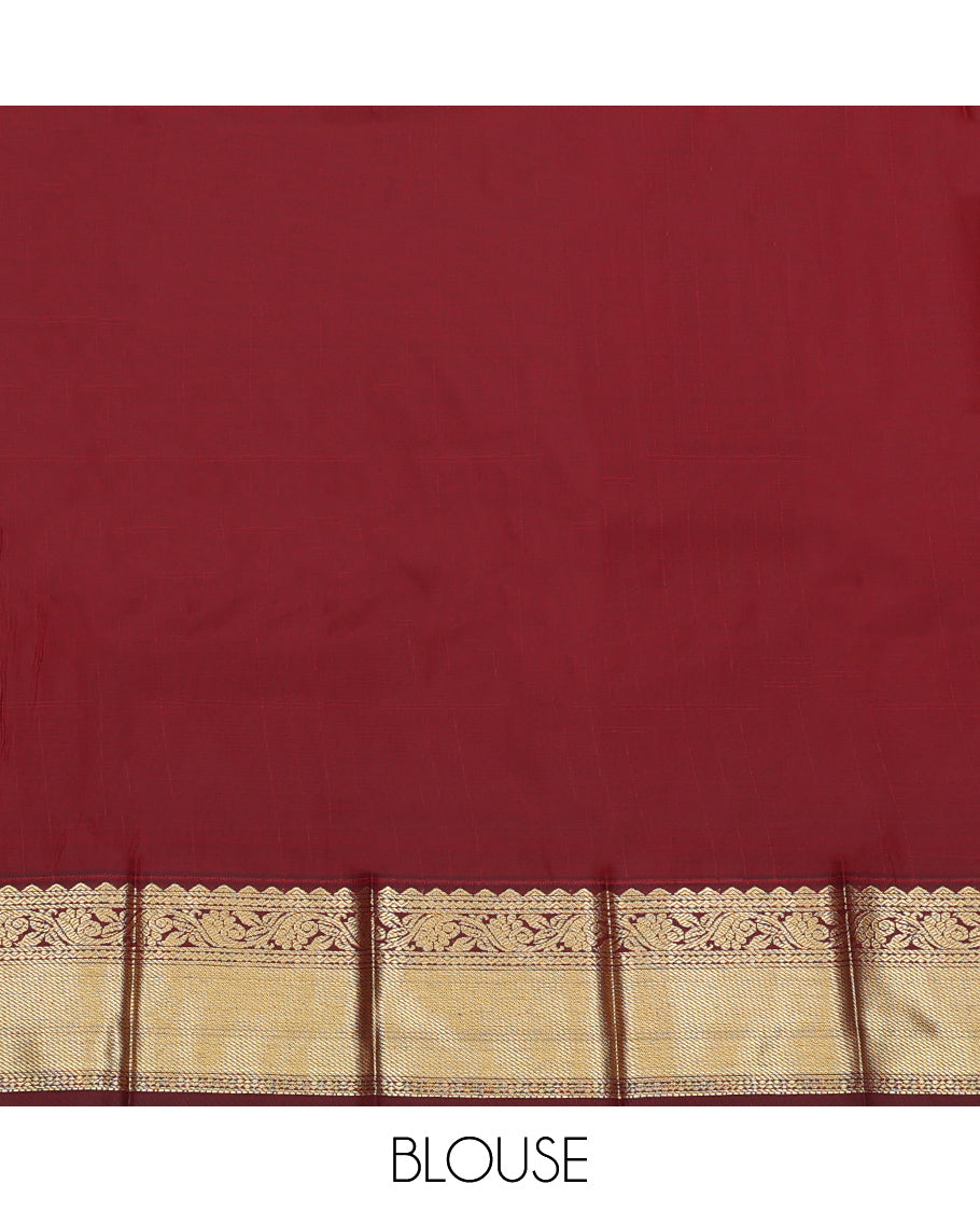 Red Budget Silk Saree, Highlighted with Zari Buttas and Checks, Complemented by a Contrast Traditional Zari Design Border, Grand Pallu, and a Contrast Blouse