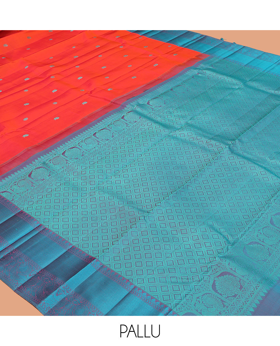 Orange Kanchipuram Silk Saree, Woven with Mayil-Chakram Buttas, Complemented by a Contrast Mayil Motif Woven Border, Jaal Pallu, and a Contrast Blouse