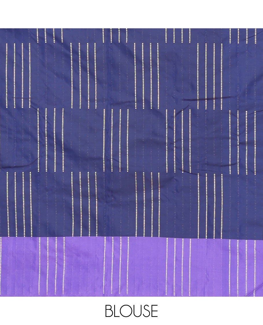 Blue Aarani Silk Saree, Masterfully Woven with Muthu Stripes on Its Body, Complemented by a Contrast Zari Striped Border, Striped Pallu, and Paired with a Matching Blouse