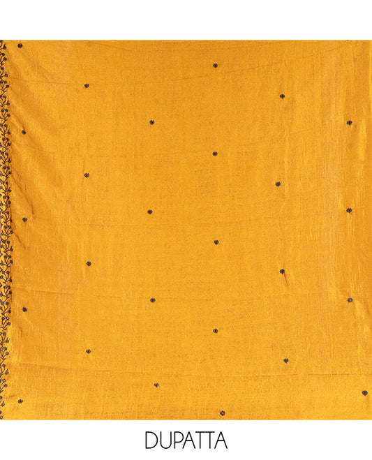 Mustard Vichitra Silk Material Chudidar Set, Finely Crafted with Thread Embroidery Top, Matching Bottom, and Thread Work Dupatta