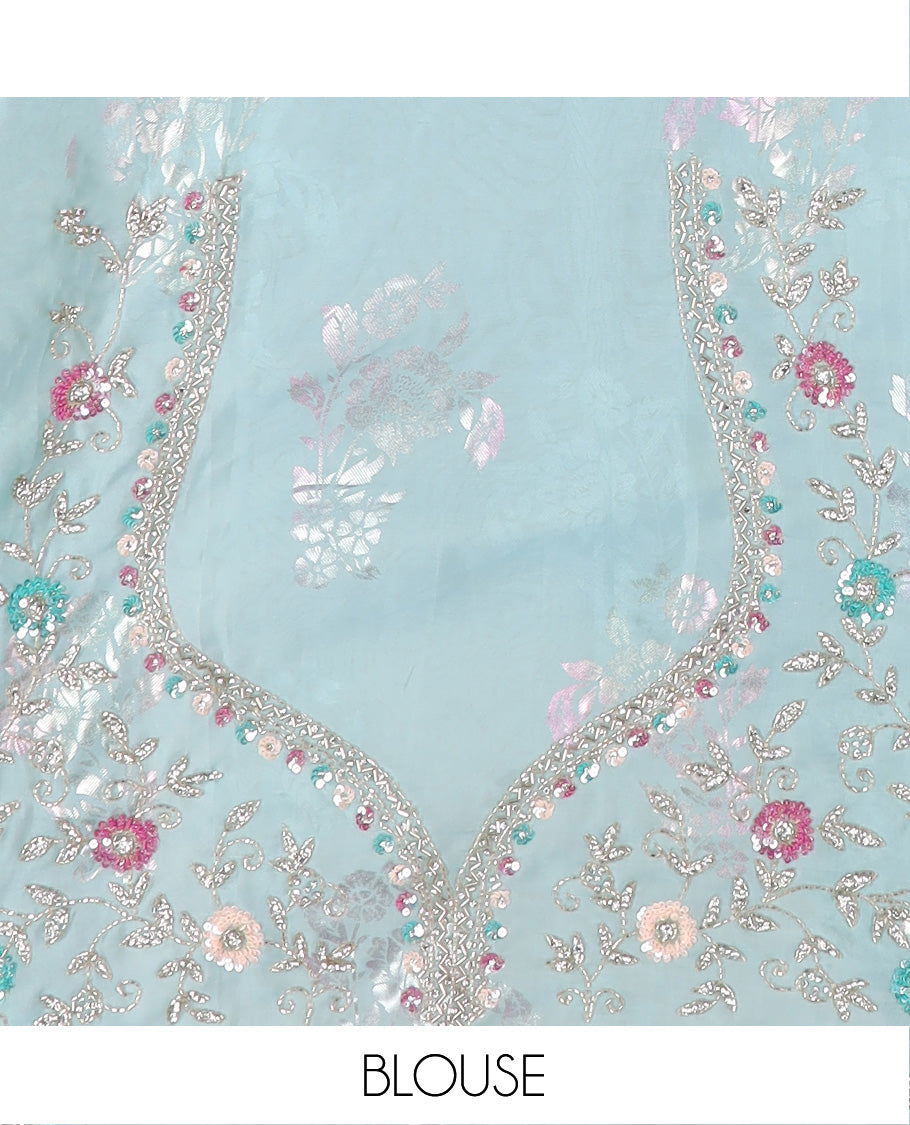 Powder blue floral motifs foil printed designer saree, scallop floral theme embroidered border