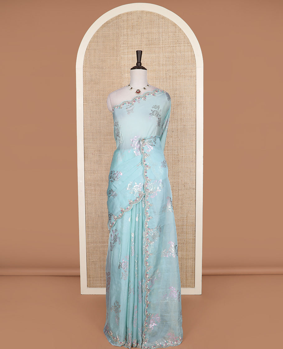 Powder blue floral motifs foil printed designer saree, scallop floral theme embroidered border