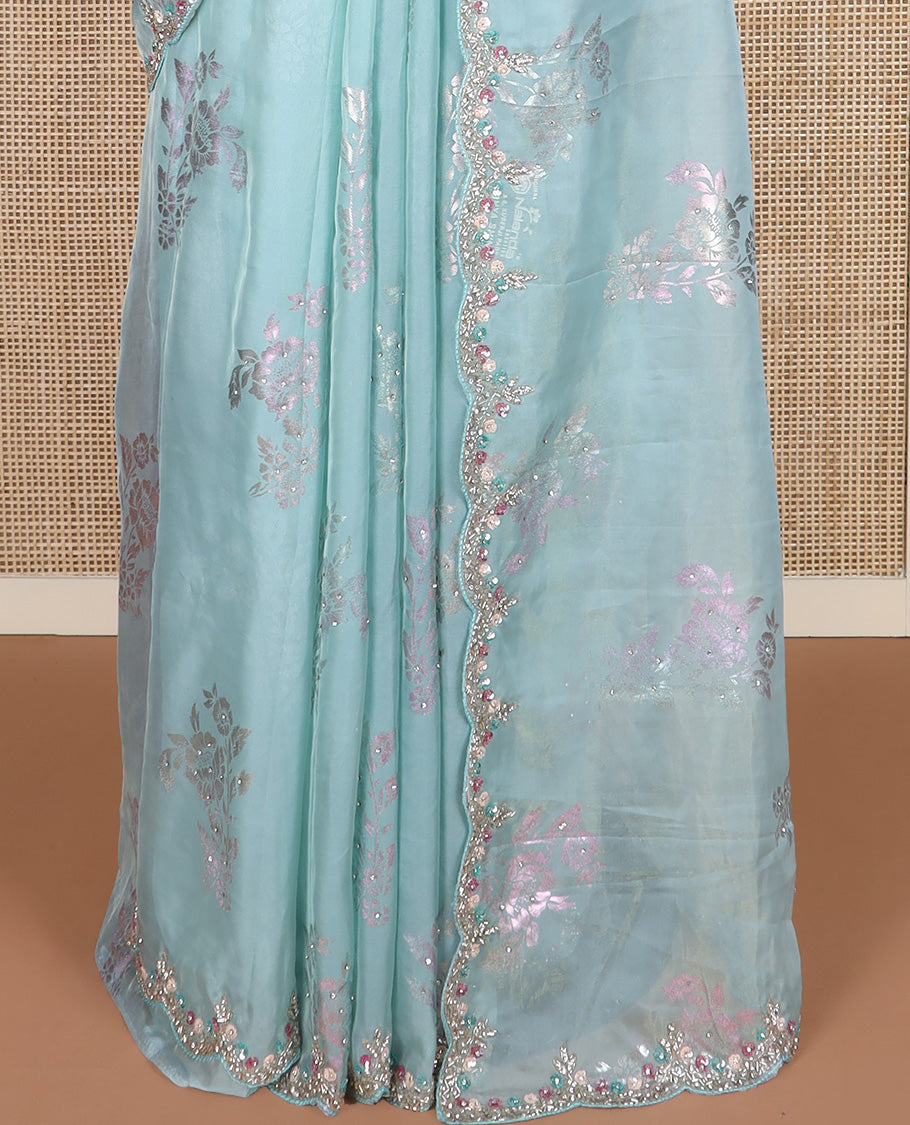 Powder blue floral motifs foil printed designer saree, scallop floral theme embroidered border