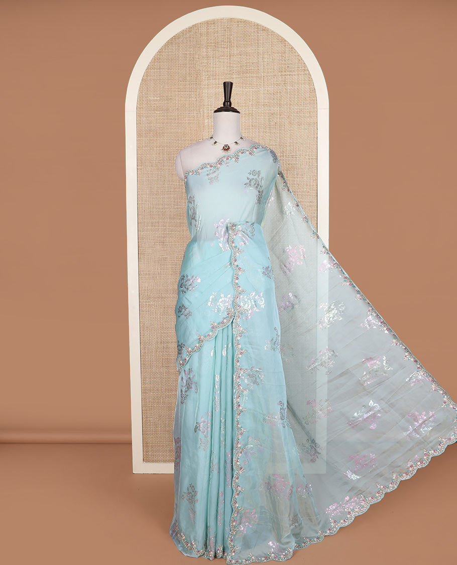 Powder blue floral motifs foil printed designer saree, scallop floral theme embroidered border