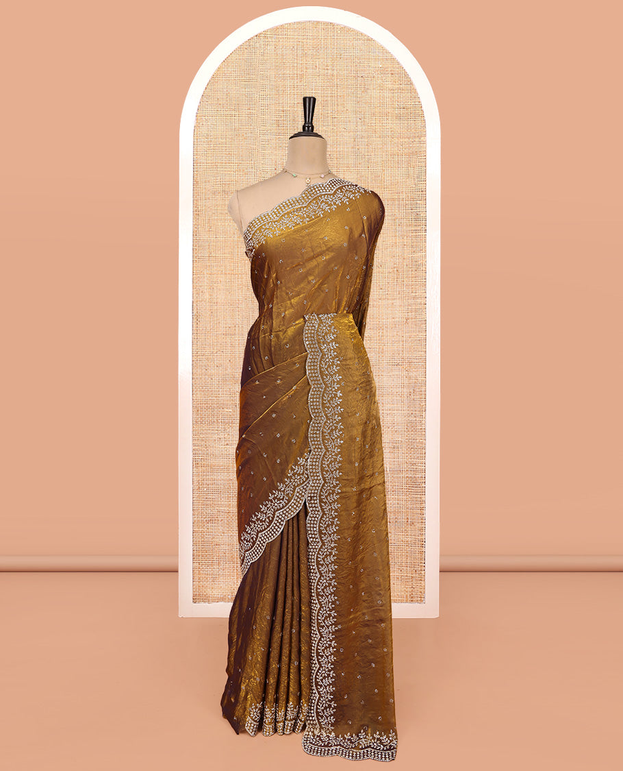 Green Designer Saree, Spotlighted with Stones All Over Its Body, a Floral Embroidered Border, and Matching Blouse