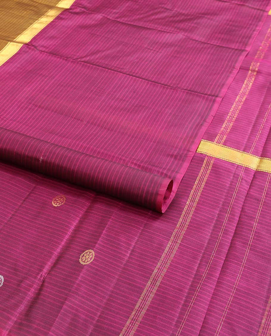 Brown striped kancheepuram silk saree with contrast intricate zari design border & striped, floral design pallu
