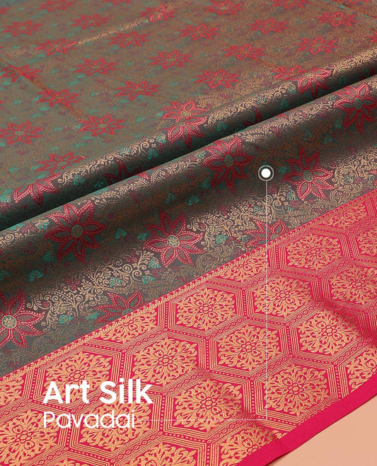 Green Art Silk Pavadai Material Set, Steeped in Richness of Meenakari Floral Designs on Its Skirt, Complemented by a Contrast Mughal Zari Design Border, and Paired with a Contrast Blouse