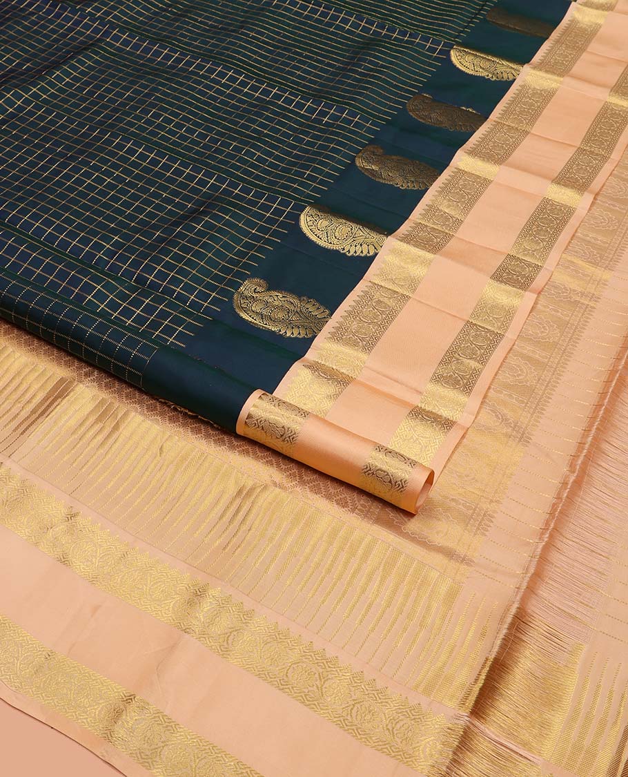 Blue Vasundhara Silk Saree, Impeccably Styled with Muthu Checks and Manga Buttas All Over Its Body, Complemented by a Contrast Rettai Pettu Border of Rekku, and Kodi Visiry Designs, Grand Pallu, and Paired with a Contrast Blouse